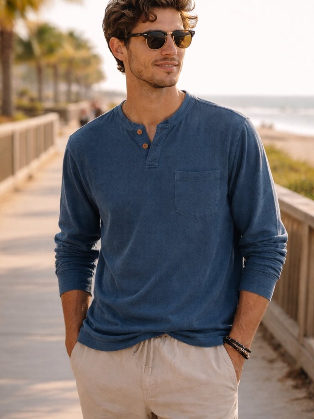 Wellen Men's Navy Brosnan Hemp Henley Long Sleeve Shirt Size Medium 54336